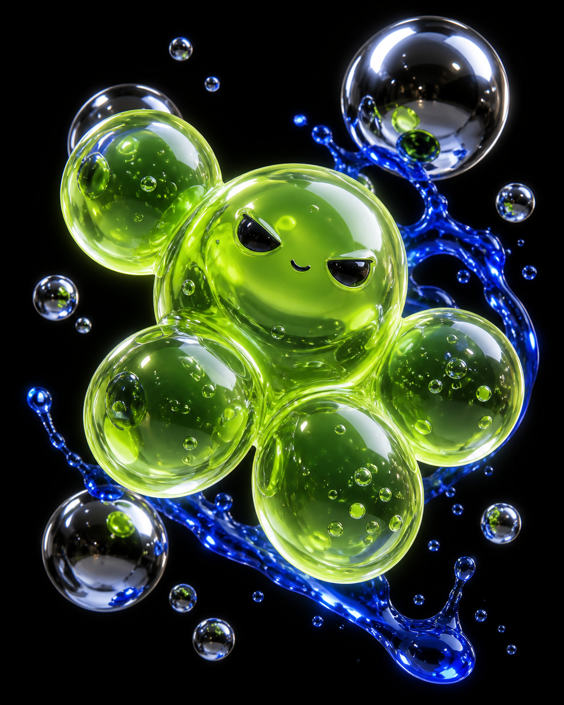 A glossy lime-green bubble creature floating in blue gel
